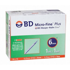 BD Micro-Fine Plus Шприц инсулиновый U-100 1 мл  0,25 мм (31G) х 6 мм 10 шт