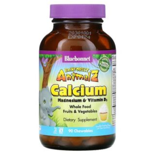 Bluebonnet Nutrition, Rainforest Animalz, кальций, магний и витамин D3 с натуральным ароматизатором со вкусом ванильной глазури, 90 жевательных таблеток в форме животных